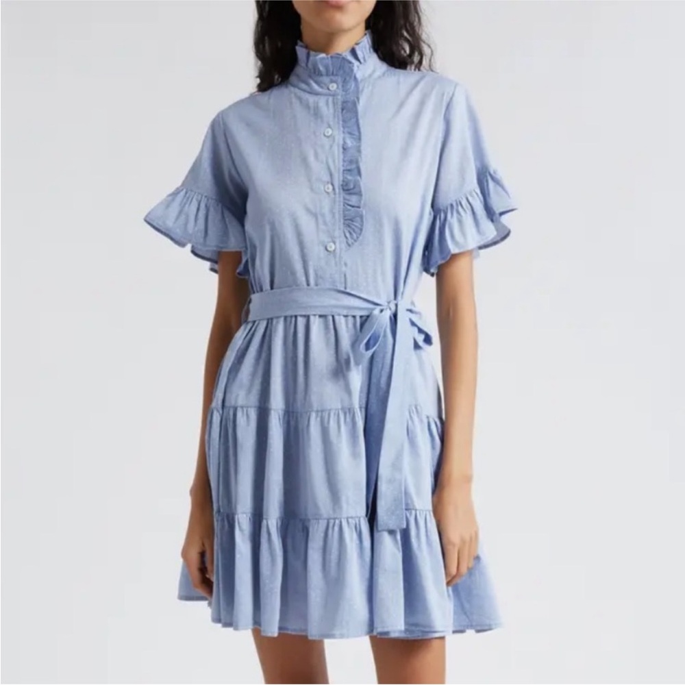 MILLE Blue Swiss Dot Ruffled Tie Front Mini Sundress
